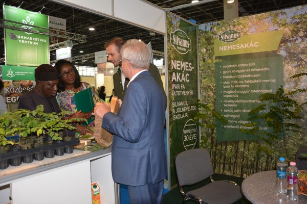 Mr. Mohamed Sabo Nanono, the Minister of Agriculture and Rural Development pays a visit at our booth in the 79th OMÉK exhibition Hungarian delegation to the XV. At the World Forestry Congress: Szentpéteri Sándor (Ministry of Agriculture Deputy State Secretary for Forestry)